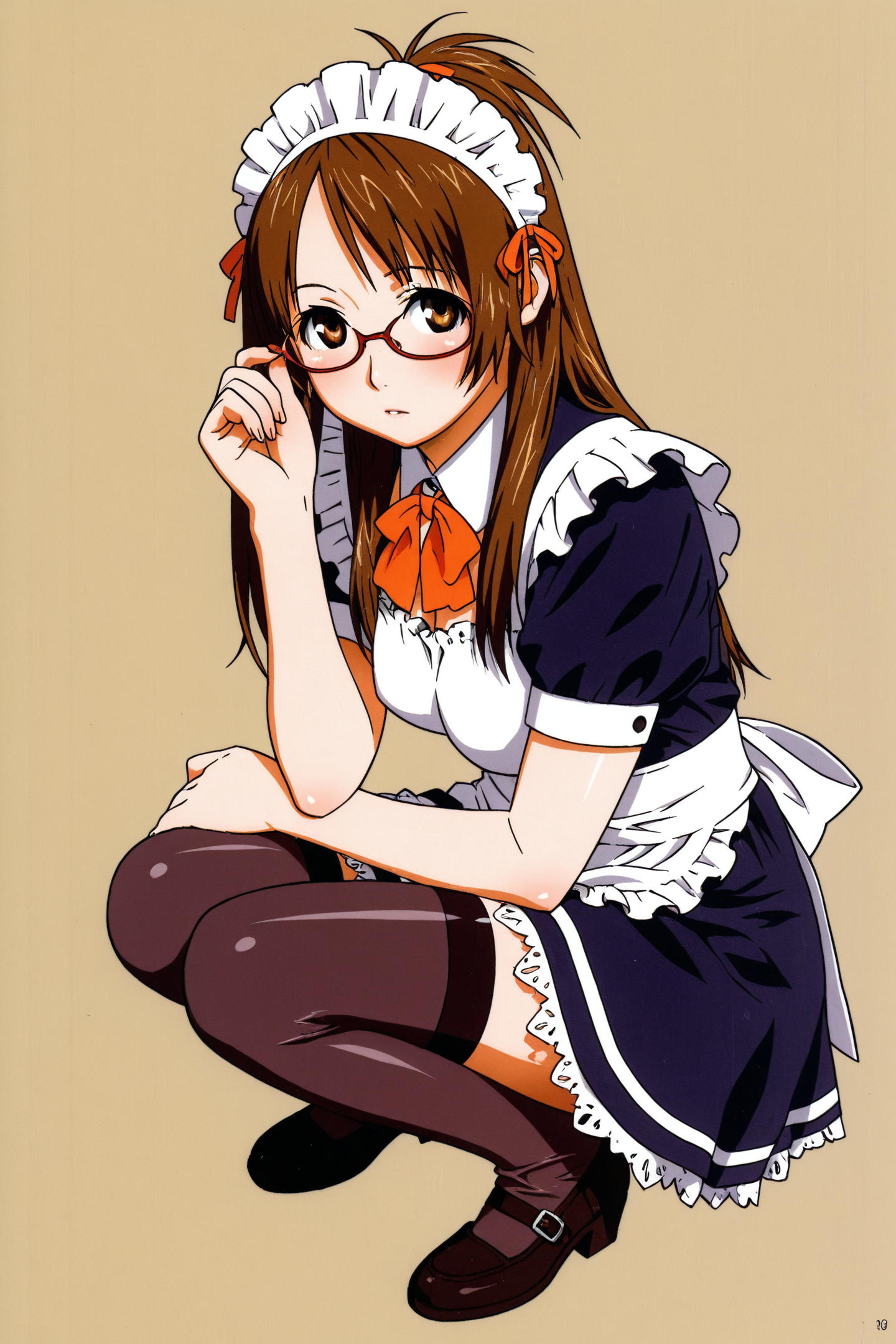 Monaka Noguchi,solo,1girl,thighhighs,glasses,maid,long hair,brown hair,zettai ryouiki,brown eyes,squatting,
<lora:Yasuomi Umetsu_illustriousXL:0.8>,