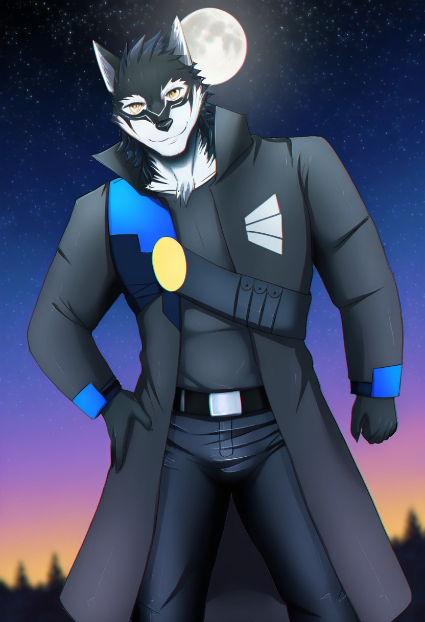high quality, Masterpiece, best quality, amazing quality, chromatic aberration, detailed, intricate details, photorealism, photorealistic, dutch angle, depth of field, male, solo, furry male, looking at viewer, cowboy shot, draveyar_(fatal force), <lora:DraveyarFF_ILLXL-05:0.9>, wolf boy, black fur, short hair, two-tone fur, muscular, bara, athletic build, abs, yellow eyes, detailed background, outdoors, outside, nighttime, starry sky, full moon, glowing, coat, black pants, belt, posing, pose, hand on hip, smile