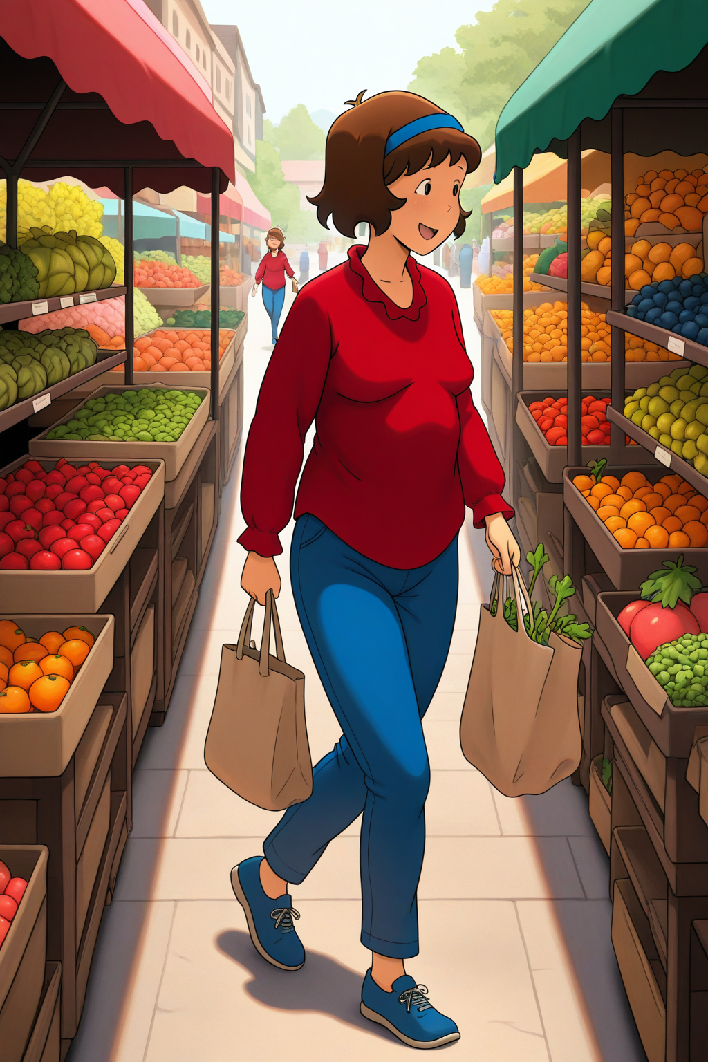 masterpiece, best quality, amazing quality, absurdres, solo, cailloudoris, smile, open mouth, walking, holding bag, shopping, looking away, short brown hair, blue hairband, red shirt, blue pants, blue shoes, outdoors, market, fruits, vegetables