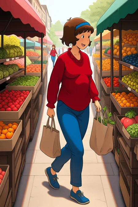 masterpiece, best quality, amazing quality, absurdres, solo, cailloudoris, smile, open mouth, walking, holding bag, shopping, looking away, short brown hair, blue hairband, red shirt, blue pants, blue shoes, outdoors, market, fruits, vegetables