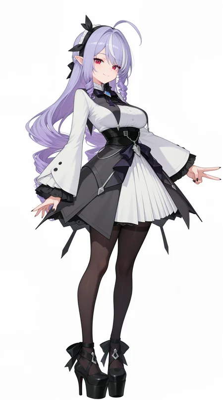 masterpiece, best quality, simple background, white background, amazing quality, very aesthetic, absurdres, best quality, 4k, upscale, Vivian_zzz, 1girl, long hair, smile, mole under eye, purple hair, multicolored hair, streaked hair, ahoge, medium breasts, red eyes, slit pupils, pointy ears, drill hair, black nails, white dress, long sleeves, bow, hairband,black pantyhose, v, looking at viewer, platform footwear, high heels, black footwear, full body, <lora:Vivian_ZZZILLUS:1>