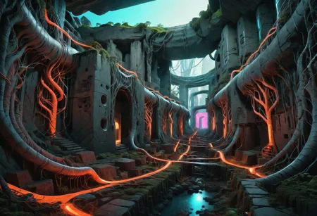 Photorealistic, Octane render, hyper realistic textures, Twisting cavernous Cyberpunk catacombs, tunnels lined with pipe work and wires, drab graffitied concrete illuminated by the soft glow of neon lighting, thick twisting tree roots growing in through the walls, masterpiece, sci-fi, dramatic lighting, vaporwave vibe, arcane ruins