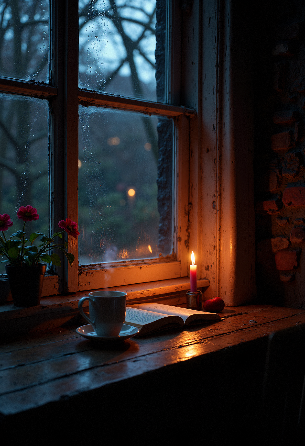 A small, dimly lit room with a single, flickering candle on a wooden table. A cup of steaming tea sits next to an open book, the pages gently rustling in the faint breeze from a nearby window. Soft shadows dance on the walls, and the room feels warm and comforting, evoking a sense of quiet solitude and reflection. Outside the window, raindrops lightly tap against the glass, enhancing the peaceful and introspective mood.   <lora:FluxMythP0rtr4itStyle:0.8> MythP0rt, <lora:ARTifacts:0.66>