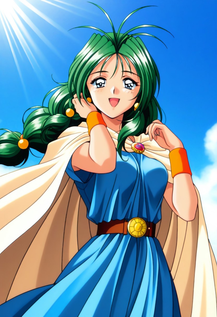 masterpiece, best quality, amazing quality, very aesthetic, high resolution, 1girl, cowboy shot, anime-style, digital art, high resolution, cute girl, smiling, sunlight, bright, clear sky, blue sky, clouds, daytime, outdoor, wind blowing her hair, dynamic pose, cheerful mood, light reflections, detailed background, high quality, beautiful, attractive, light rays, bright lighting, sky, joyful, happy, energetic, bright atmosphere, detailed shading, anime aesthetics, vibrant, lively, braid, jewelry, belt, cape, blue dress, wristband, retro artstyle, 1990s \(style\), 
clairemm, blue eyes, green hair, antenna hair, long hair, low-tied long hair, hair bobbles, medium breasts, mature female,