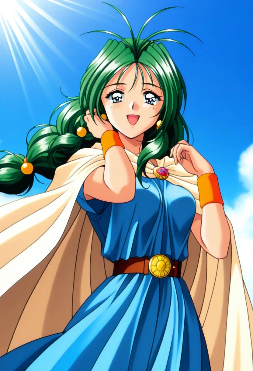 masterpiece, best quality, amazing quality, very aesthetic, high resolution, 1girl, cowboy shot, anime-style, digital art, high resolution, cute girl, smiling, sunlight, bright, clear sky, blue sky, clouds, daytime, outdoor, wind blowing her hair, dynamic pose, cheerful mood, light reflections, detailed background, high quality, beautiful, attractive, light rays, bright lighting, sky, joyful, happy, energetic, bright atmosphere, detailed shading, anime aesthetics, vibrant, lively, braid, jewelry, belt, cape, blue dress, wristband, retro artstyle, 1990s \(style\),
clairemm, blue eyes, green hair, antenna hair, long hair, low-tied long hair, hair bobbles, medium breasts, mature female,