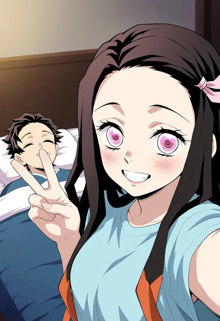masterpiece, best quality, amazing quality, very aesthetic, absurdres, newest, atmospheric perspective, anime style, official style 
1girl, nezuko, \Kimetsu no Yaiba\, black long hair, hair ribbon, pink eyes, smile with teeth, v, duo selfie, only face, stands with back to the bed
1boy, Tanjiro, \Kimetsu no Yaiba\, in bed, sleep, brown hair, bedroom, top view