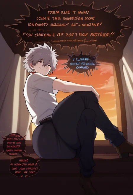 score_9, score_8_up, score_7_up, 1boy, smquanxi, masterpiece, perfect face,
nagisa_kaworu, grey hair, hair between eyes, red eyes, white dress shirt, orange under shirt, tucked dress shirt, black jeans, undone belt, skin tight pants, slim waist, tall, thick male, (covered butt), thick thighs, half-closed eyes, looking at off-screen character, emotionless smile, completely focused on off-screen character, natural lighting, sitting, sitting on window, indoors, bedroom, ((from below, from side,)) Expressiveh, Expressiveh,yamathegod style, (...), arm over knee, casual sitting position, zero shame, zero shame at all, speech bubbles, speech bubbles from off-screen character,