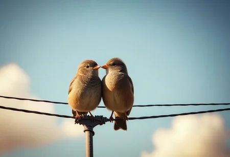 A photorealistic image of two cute birds sitting next to eachother on a powerline in a surburban neighborhood, sunny, 2 birds in love, small heart, cute, intricate details, dramatic composition, tension, contrast, texture, realism, high quality, stunning art, volumetric lighting, detailed, intricate