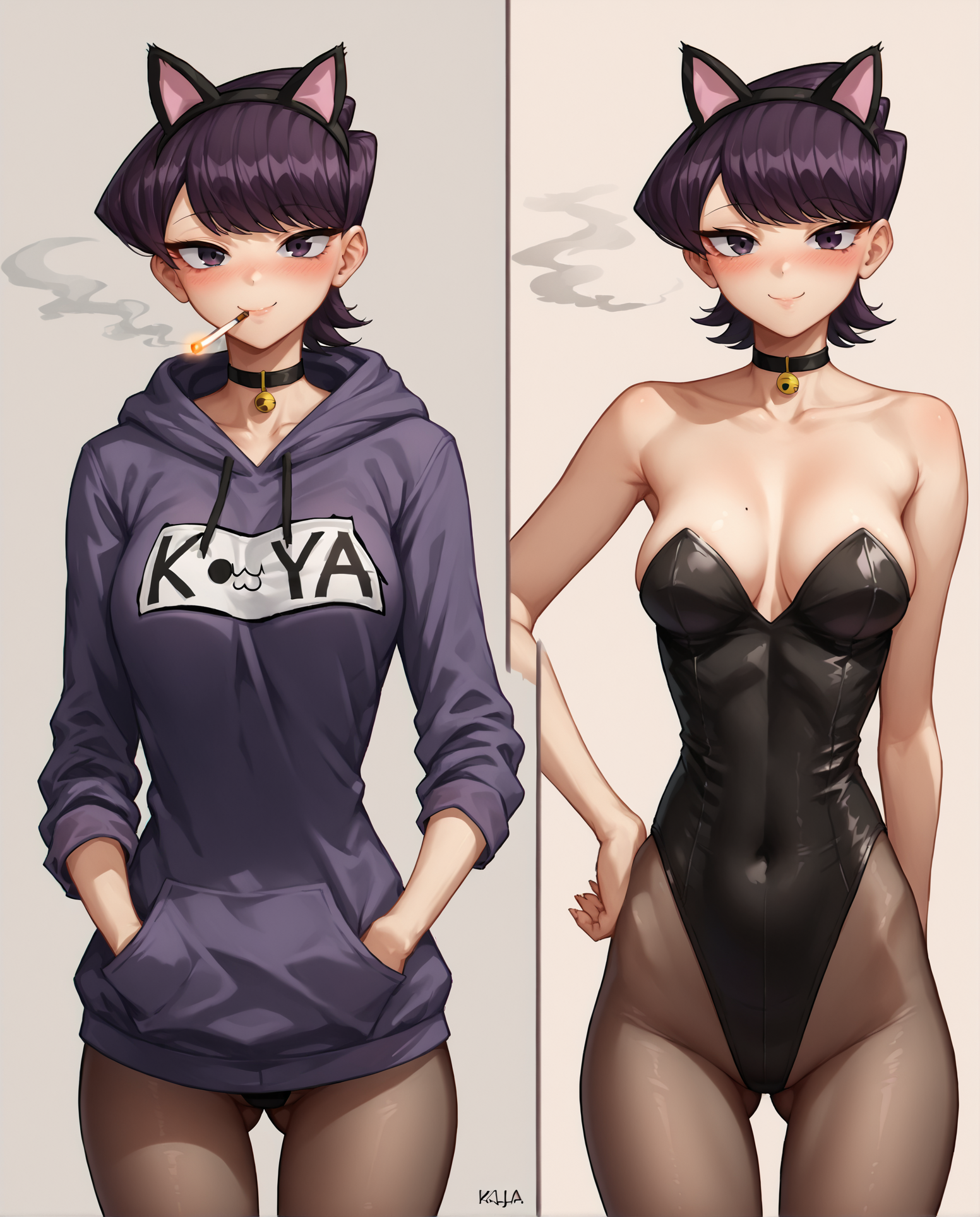 score_9, score_8_up, score_7_up, source_cartoon BREAK 1girl, multiple views, before and after, leotard, looking at viewer, simple background, Komi Shuuko, purple hair, short hair, fake cat ears, purple eyes, standing, medium breasts, perky breasts, smile, blush, black pantyhose, choker, holding cigarette, hoodie, 2koma, cat girl cosplay, hand on hip, gluteal fold, thigh gap, fake cat tail, <lora:After_work:0.8>, rating_questionable