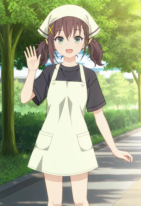 <lora:Kurea FURUTACHI_illustrious-000048:1>,
Kurea FURUTACHI,solo,hair ornament,outdoors,smile,apron,open mouth,looking at viewer,shirt,black shirt,:d,short sleeves,head scarf,tree,hairclip,standing,brown eyes,day,green eyes
