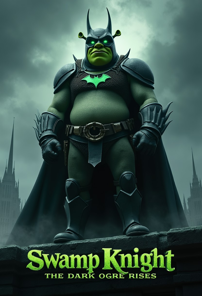 A movie poster, name of the movie is: "Swamp Knight: The Dark Ogre Rises", the title should be 3D and the bottom of the poster, Shrek wearing the Batman armor with his helmet, with a glowing emerald bat emblem, standing tall on a gothic stone ledge under a stormy, a foggy cityscape under a stormy overcast sky, haunting atmosphere.