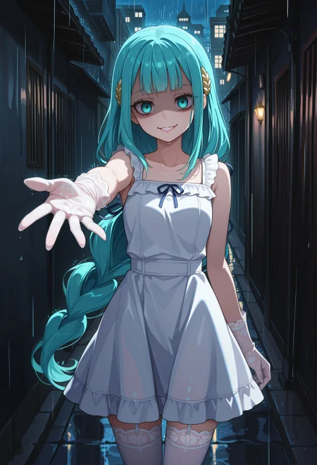 1girl, suelecia, aqua eyes, aqua hair, very-long hair, single braid, hair ornament, masterpiece, best quality, absurdres,
sundress, sleeveless dress, short white dress, lace gloves, lace-trimmed gloves, white thighhighs, lace trim thighhighs, frills,
glossy lips, long eyelashes, makeup,  
outdoors, city, alley, night, dark, shadows, creepy, rain,
solo, cowboy shot, standing, (empty eyes, blank eyes), crazy eyes, evil grin, staring, looking at viewer, shaded face, yandere, reaching towards viewer, outstretched arm, foreshortening,
intricate, highly detailed, moody