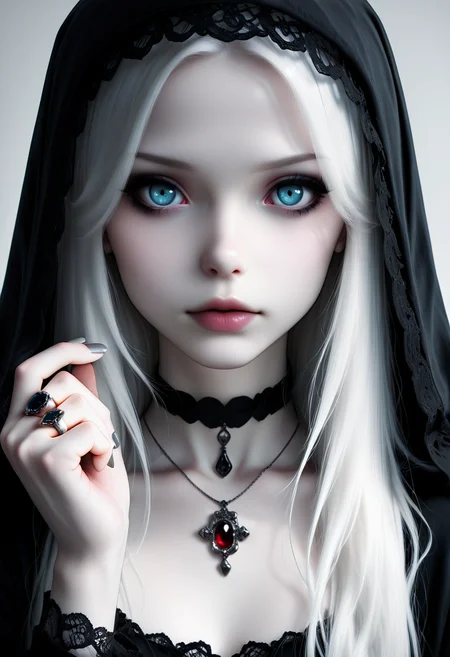 masterpiece, best quality, closed mouth,   1girl, solo, looking at viewer, blue eyes, jewelry, closed mouth, white hair, choker, hood, necklace, nail polish, lips, fingernails, makeup, ring, pale skin, portrait, black nails, lace, close-up, pendant, gothic, grey nails  ,  <lora:R3alB3auty_IXL_v1:1.0>,