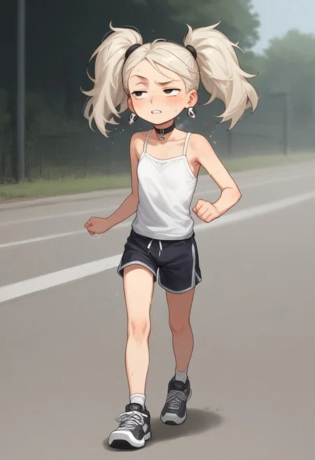 score_8, score_8_up, score_7_up, score_6_up, source_cartoon, BREAK, 1girl, solo, , platinum blonde hair, twintails, red freckles, black eyes,skull earrings, black choker, black sneakers,,,,,, petite,, , , , messy hair, , half closed eyes, heavy sweating, heavy breathing, motion lines, solo, female focus, white camisole, dark-gray tennis shorts, sneakers, socks, athletics field, running, sprinting, outdoors, full body, flat chest, prefect anatomy,
