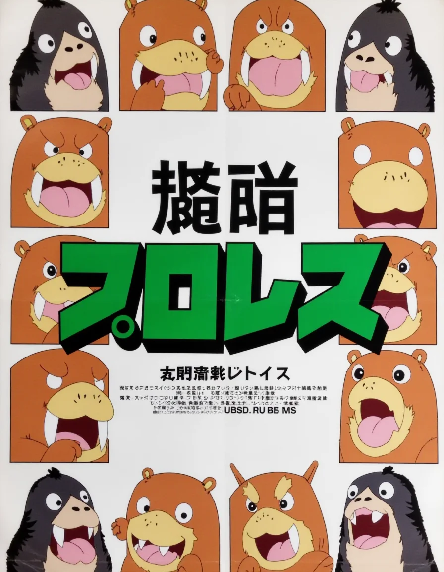 an illustrated Japanese wrestling poster from the 1990s with big green Japanese characters at the center representing "PURORESU" and absolutely no other writing, surrounded by a 3D 4x4 grid of walruses