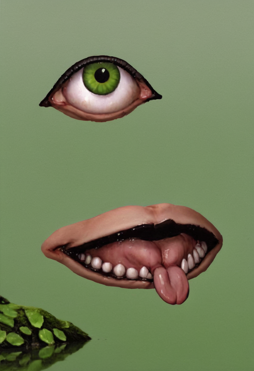 weirdcore, y2kmad, DnD character concept art, rpg character art, big round staring eyes, swamp, amphibian woman, swamp queen, seductive swamp witch, green skin, a slimy girl, tongue hanging, long thin tongue, webbed feet, prehensile toes, realistic, high quality, detailed, staring round eyes <lora:y2kmadmix_db-v0.0.1-extract:1>