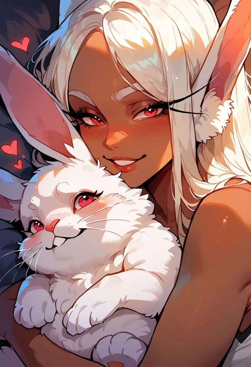 score_9, score_8_up, score_7_up, score_6_up, <lora:p3tl0v3XLP:1> p3tl0v3, 1girl, rumi usagiyama, dark skinned female, hugging a white rabbit,