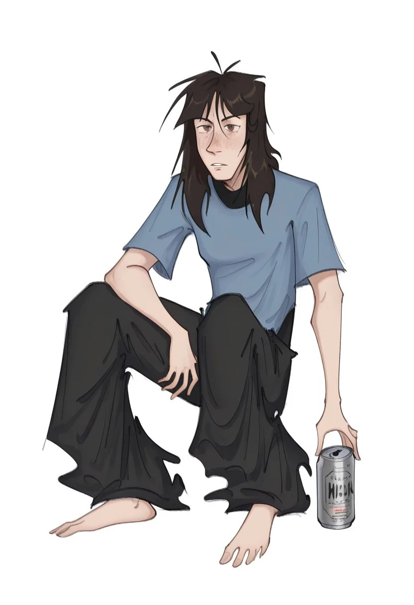 best quality, detailed face, detailed eyes, , ,
by vor sirkov
1girl, barefoot, beer can, black hair, black pants, black shirt, blue shirt, blunt bangs, brown eyes, can, drink can, holding, holding can, long hair, looking at viewer, pants, parted lips, shirt, short sleeves, sitting, solo, white background