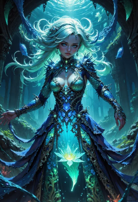 masterpiece, high-quality, A mesmerizing woman with hair flowing like bioluminescent seaweed, wearing a dress made of reflective scales that shimmer between hues of turquoise and silver, Her jewelry includes coral-like protrusions and pearls glowing faintly, illuminated by lighting that mimics underwater refractions enhancing her mystical allure, The setting features an aquatic dreamscape where ethereal marine creatures dance among submerged ruins, (elaborate fine details:1.1), (hyperdetailed:1.1), (intricate details:1.0), (Refined details:1.1), (best quality:1.1), (high resolution:1.2), <lora:FLUX\VividlySurrealV2:0.6> <lora:FLUX\RIDD_FluxMedian:0.6>