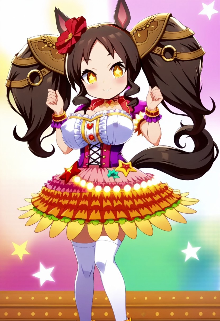 rating explicit, detailed background, <lora:marvelous.pony:1>, marvelous, brown hair,yellow eyes,,star-shaped eyes,twin tail,,,,, 1girl,Solo  ,,shortstack, anime,PUFFY nipple,huge breasts,,official  art, Uncensored ,Unedited ,,,,  ,