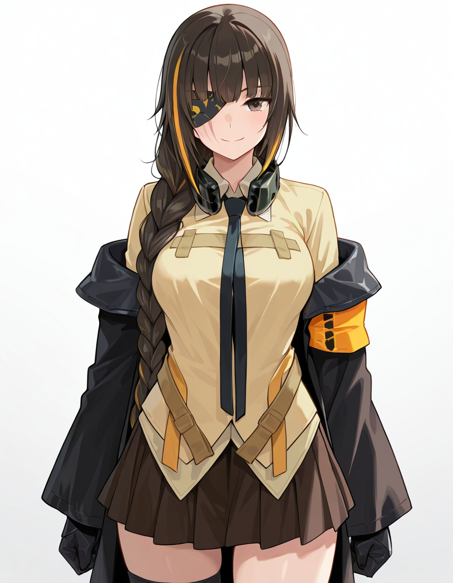 Volumetric Lighting, (masterpiece), (best quality), (ultra-detailed), masterpiece, source_anime, score_9, score_8_up, score_7_up BREAK, illustration, disheveled hair, detailed eyes, perfect composition, moist skin, intricate details, detailed eyes, detailed face, detailed fingers BREAK, brown eyes, long braid, single braid, black hair, blonde hair, streaked hair,scar across eye BREAK, m16def, headphones around neck, def_eyepatch, def_coat, def_shirt, def_skirt, long braid, single braid, def_gloves, def_necktie, def_single_armband, uneven legwear BREAK, ((white background)), standing, looking at viewer,upper body, thighs, smile