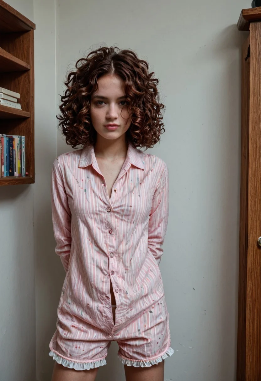 masterwork, ultra realistic, masterpiece, high detailed skin, best quality, high res, very aesthetic, absurdres, (nsfw), (finely detailed face), masterpiece, best quality, ((dark auburn hair, messy hair, short messy, medium length hair, curly hair, center parted hair, forehead)), pale milky skin, 18 year old, 1woman, adult, egirlthot, ((adult, kawaii, very kawaii)), forehead, soft skin, smooth looking skin, indoors, brown eyes, small perky breasts, unbuttoned pajamas top, slim girl, very petite girl,light skin, slim, very petite, wide thigh gap, thin thighs, thin legs, standing, submissive, hands behind back, submissive expression, white bloomers down around knees, bloomers pulled down, pussy peek, averted eyes, pink striped collared pajama top, looking back, from behind, booty, small bubble butt, embarrassed, humiliated, in corner, corner time, standing in corner, standing between shelves full of books and sex toys facing the wall, arms behind back, cum in hair, cum on forehead, aroused, arousal, facing wall, room corner, , long sleeves, 