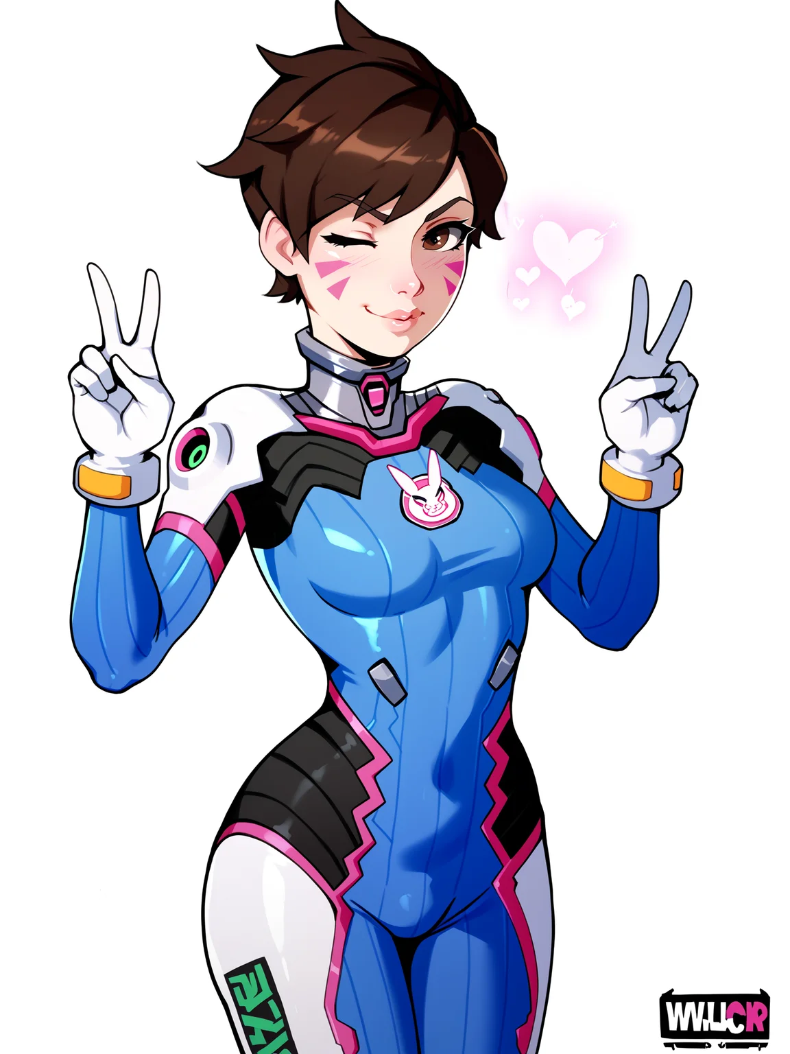 score_9, score_8_up, score_7_up, score_6_up, score_5_up, score_4_up,
BREAK
1girl, d.va \(overwatch\), brown hair, short hair, tomboy, facial mark, brown eyes,
BREAK
solo, standing, bodysuit, peace sign, wink,
BREAK
white background, simple background, angled shot, dynamic pose, dynamic angle, <lora:Lunas-Owler-SDXL-A1:1>