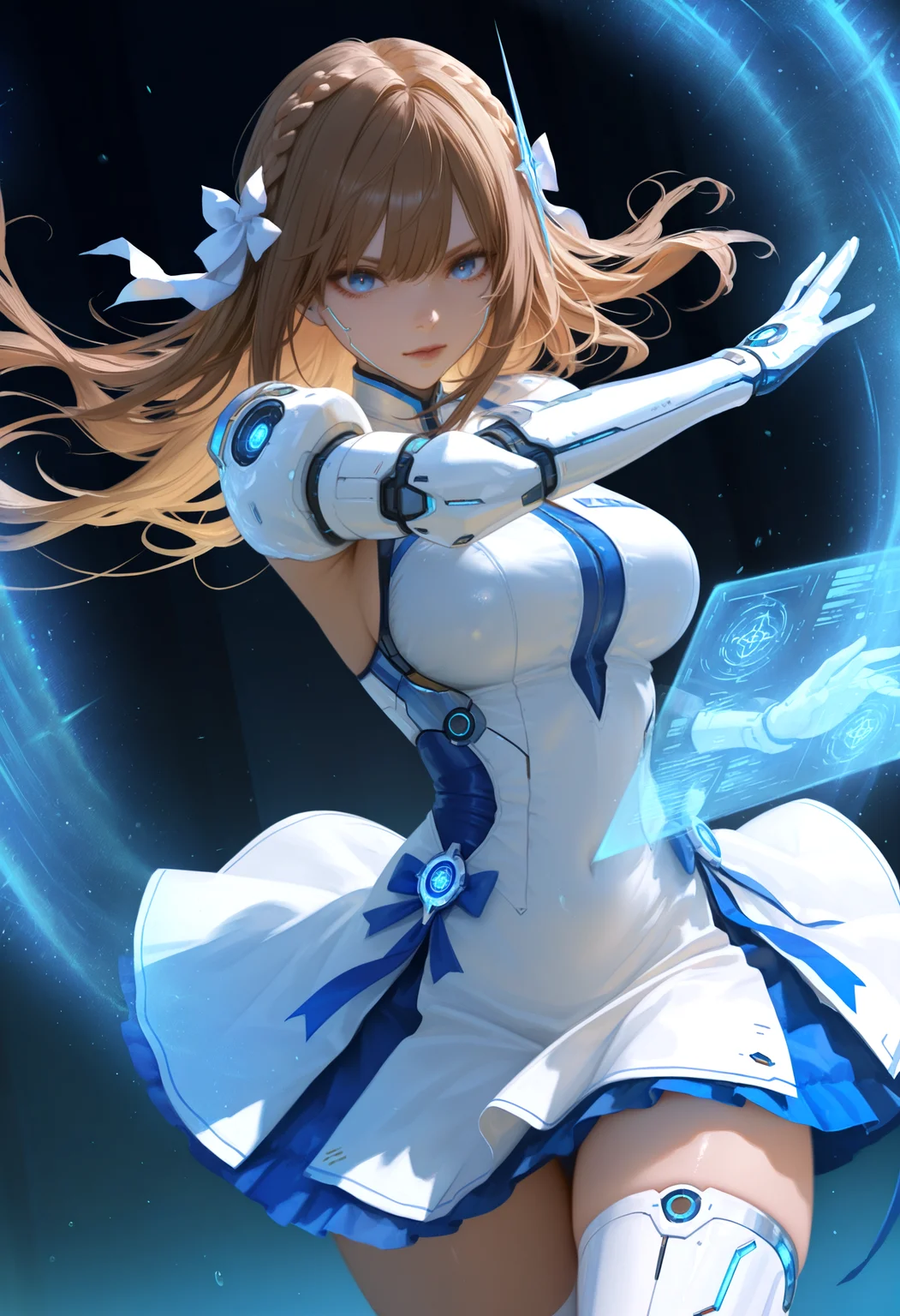magical girl, 1girl, brown hair, flowing hair, french braid, large breasts, (cybernetic:1.2), blue eyes, ceremonial armor, dress, white and blue outfit, sexy outfit, blue ribbons, (blue magical energy), holographic interface, dramatic pose, (ready stance:1.2), determined expression, cowboy shot, dutch angle, soft lighting, diffused light, subtle shadows, icy theme, (magic effect, ethereal glow, elemental aura, flowing elements), aquatic atmosphere, cool tones, best quality, masterpiece, absurdres, newest, narrative-rich composition, (dynamic composition:1.3), (cyberpunk:1.2), sfw, atnr