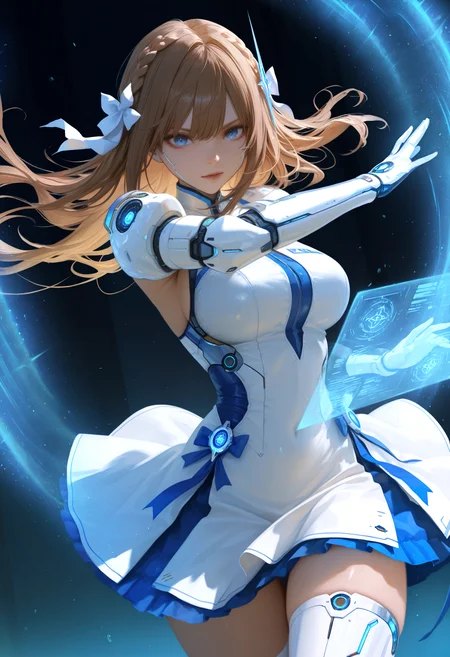 magical girl, 1girl, brown hair, flowing hair, french braid, large breasts, (cybernetic:1.2), blue eyes, ceremonial armor, dress, white and blue outfit, sexy outfit, blue ribbons, (blue magical energy), holographic interface, dramatic pose, (ready stance:1.2), determined expression, cowboy shot, dutch angle, soft lighting, diffused light, subtle shadows, icy theme, (magic effect, ethereal glow, elemental aura, flowing elements), aquatic atmosphere, cool tones, best quality, masterpiece, absurdres, newest, narrative-rich composition, (dynamic composition:1.3), (cyberpunk:1.2), sfw, atnr