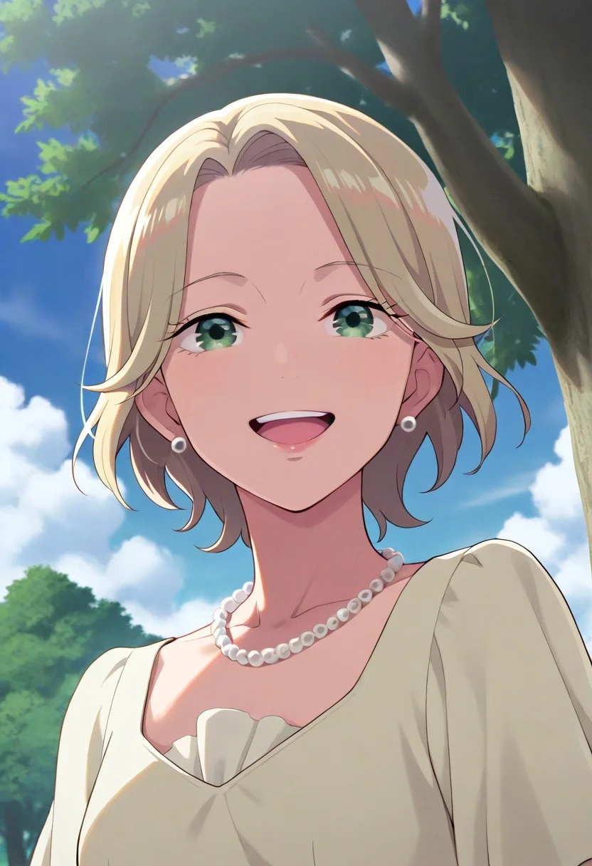 masterpiece,best quality,amazing quality, kudou hazuki, short hair, blonde hair, green eyes, 1girl, jewelry, solo, necklace, pearl necklace, sky, cloud, earrings, outdoors, day, smile, upper body, tree, open mouth