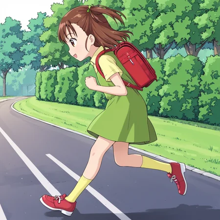 outside, <lora:v2:1> jerikatou, 1girl, solo, brown hair, green dress, yellow collared shirt, side ponytail, brown eyes, shoes, yellow socks, red backpack, from side, running