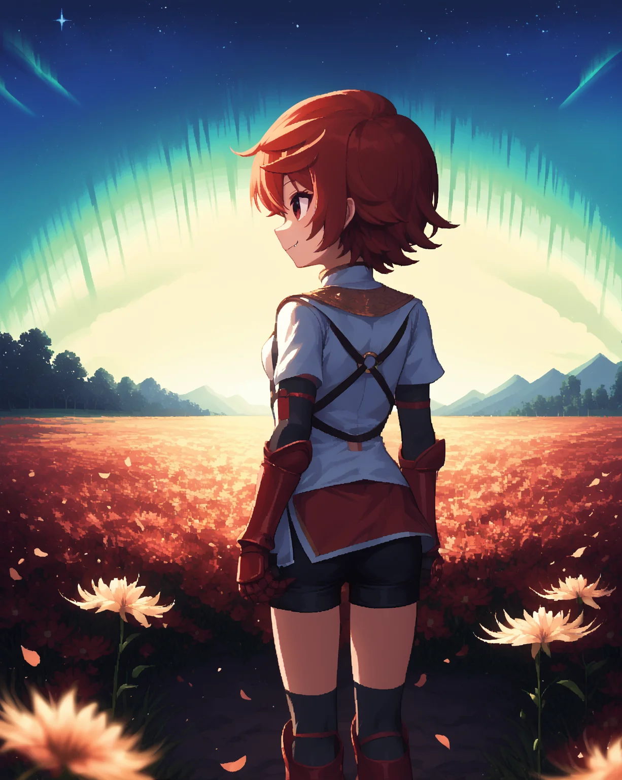 score_8_up, score_7_up, score_9, anime_source , 1girl, solo, smile, cute, <lora:skin_fang:0.5>, skin fang, outdoor, flower field, lovely, cute, standing in a flower field, sfw,
<lora:Pixel_Princess_BLitz:1>, tomboy, white top, armor, o-ring, short sleeves, gauntlet, red skirt, asymmetrical legwear, red footwear, black shorts, small breasts, short hair, red eyes, red hair, skin tight shorts,
(good_hands:1),
<lora:pony_good_hands:1>,
<lora:d3p1x3lXLP:0.8>, d3p1x3l, pixel art,
ruanyi0797,spider lily, flower field,
<lora:0797 spider lily_v1_pony:1>, simple background, from behind, nighttime, wind breeze, flower petal, falling petals, aurora borealis, night, starry night,