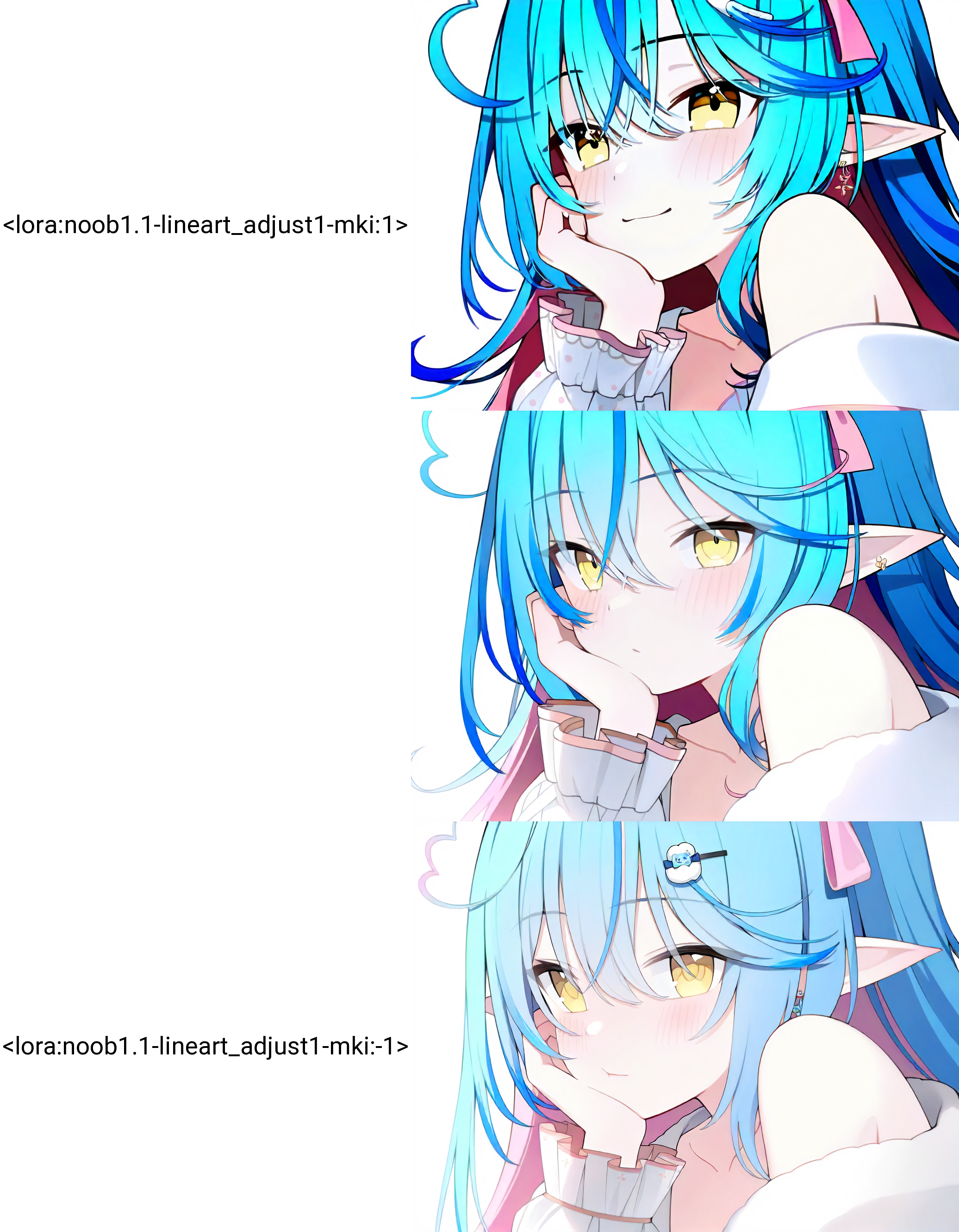 1girl,
yukihana lamy \(4th costume\),hololive,
(jyt:0.8638),(rotroto:1.1025),
solo,(blue archive official art:1.1025),close-up,upper body,blush,pink hair,simple background,official alternate hairstyle,blue hair,multicolored hair,jewelry,collarbone,yellow eyes,closed mouth,bow,long hair,frilled sleeves,earrings,hand on own face,looking at viewer,long sleeves,blinking,heart,hand on own cheek,streaked hair,light blue hair,pointy ears,virtual youtuber,colored tips,elf,hair between eyes,frills,heart ahoge,pink bow,white background,masterpiece,best quality,safe,<lora:noob1.1-lineart_adjust1-mki:1>