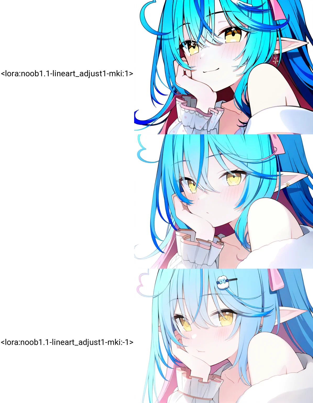 1girl,
yukihana lamy \(4th costume\),hololive,
(jyt:0.8638),(rotroto:1.1025),
solo,(blue archive official art:1.1025),close-up,upper body,blush,pink hair,simple background,official alternate hairstyle,blue hair,multicolored hair,jewelry,collarbone,yellow eyes,closed mouth,bow,long hair,frilled sleeves,earrings,hand on own face,looking at viewer,long sleeves,blinking,heart,hand on own cheek,streaked hair,light blue hair,pointy ears,virtual youtuber,colored tips,elf,hair between eyes,frills,heart ahoge,pink bow,white background,masterpiece,best quality,safe,<lora:noob1.1-lineart_adjust1-mki:1>