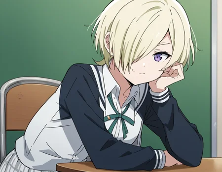 score_9, score_8_up, score_7_up, source_anime, <lora:mia-taylor-s2-ponyxl-lora-nochekaiser:1>, mia taylor, short hair, blonde hair, purple eyes, hair over one eye,, skirt, shirt, ribbon, school uniform, collared shirt, plaid, black shirt, neck ribbon, plaid skirt, white skirt, jacket, checkered skirt, nijigasaki academy school uniform,, indoors, smile, looking at viewer, solo, sitting, head rest, table,, cowboy shot, dutch angle