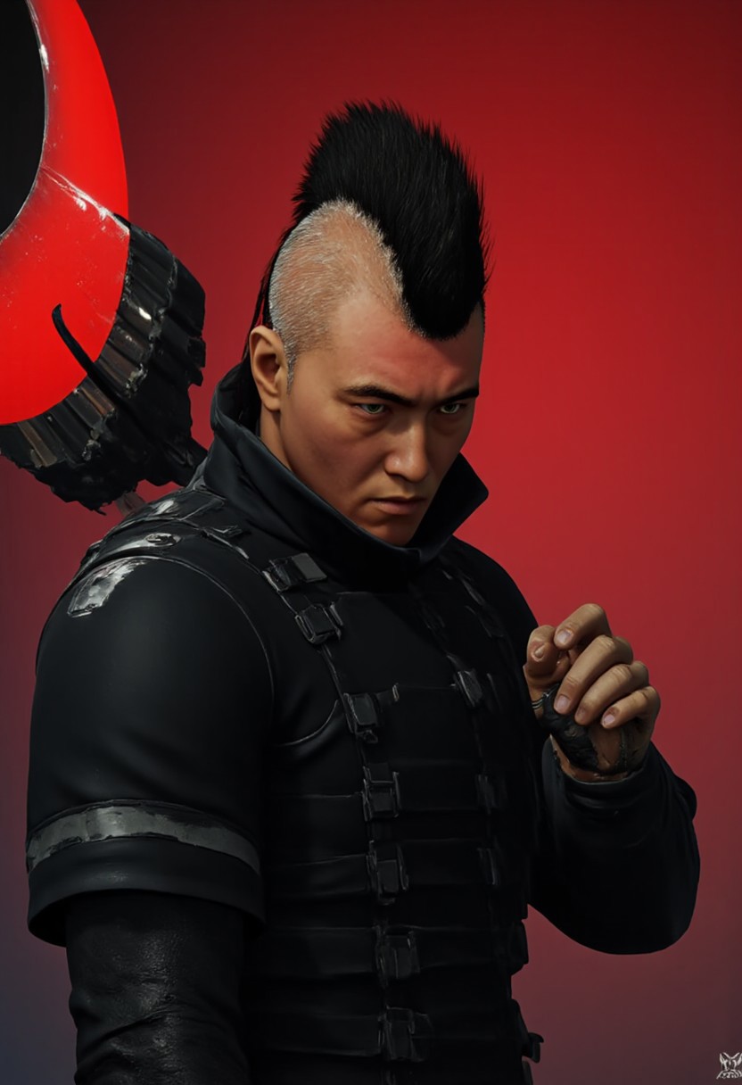 civitametapunk, portrait shot from side, detailed face of a horrifying  black knight all dressed in black armor, he has a spiky design or mohawk on the top of his head and the sides of his hairstyle is short and neat, light skin, obsidian black armor, looking at viewer with angry expression , holding a glowing ghostly scythe, menacing, atmospheric haze, a cyberpunk metropolis, MythP0rt <lora:artilands:0.8>, Leather Brown hue and vibrant Midnight red tint , cyberpunk, anime, perfection style