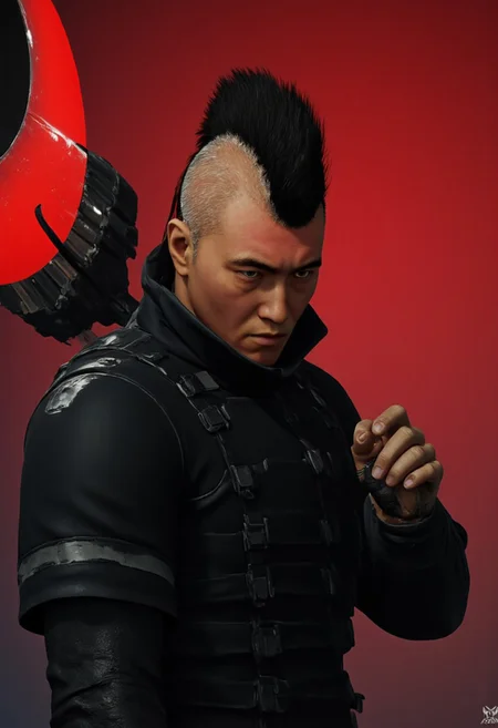 civitametapunk, portrait shot from side, detailed face of a horrifying  black knight all dressed in black armor, he has a spiky design or mohawk on the top of his head and the sides of his hairstyle is short and neat, light skin, obsidian black armor, looking at viewer with angry expression , holding a glowing ghostly scythe, menacing, atmospheric haze, a cyberpunk metropolis, MythP0rt <lora:artilands:0.8>, Leather Brown hue and vibrant Midnight red tint , cyberpunk, anime, perfection style