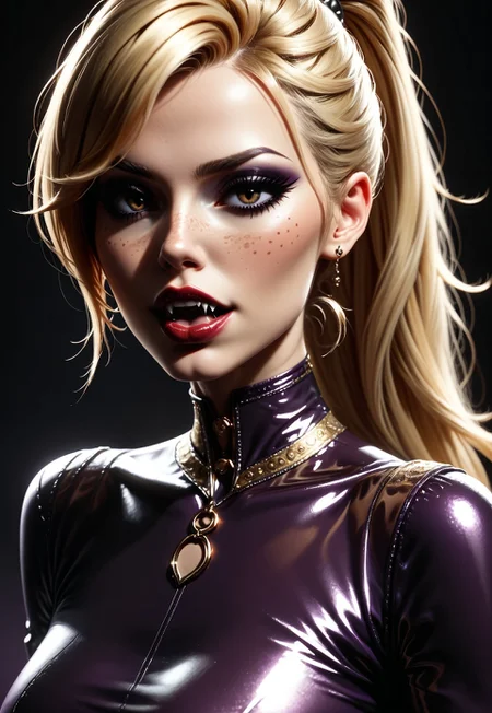 safe_pos, score_9, score_8_up, score_7_up, score_6_up, score_5_up, score_4_up, 1girl, leu_hanna_1, gothicstyle, (fully clothed), 1girl, solo, 21yo, freckles, red-burgundy pronounced lips, beautiful eyes, brown eys, blonde hair ponytail, swept bangs, medium 34D breasts, fit girl, nicely outlined calf muscles, aroused, ((sexy latex dress, red and purple dress, long sleeves)), ((gold choker, bracelets, anklets)), (simple blurred background, depth of field), slim figure, nicely outlined calf muscles, red-burgundy pronounced lips, open mouth, fangs, dripping saliva, aggresive, simple background, blonde hair, swept bangs, very long hair, gothic body armor, goth accessories, goth makeup, beautiful eyes, bright colors, high contrast, vivid lighting, rating_safe, BREAK, deep brown eyes, up close, neon hearts lights dark, chiaroscuro, low-key <lora:SDXLCAF-000010:0.7> cigarettesaftersex