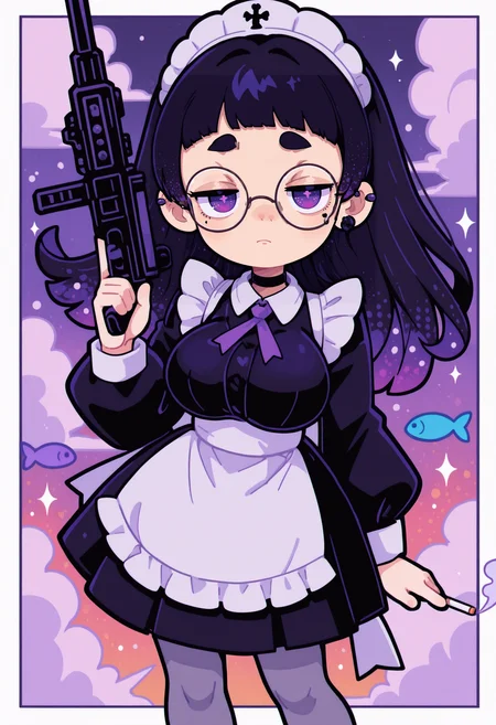 8k, 4k, masterpiece, vibrant colors, best quality, ultra detailed, highly detailed, hyper-detailed,
(from high above, fish eye),
rainstorm,
(clothes and hair blown strongly by the wind, windblown hair),
BREAK
torso shot,
floating portrait of stunning girl pointing pistol at viewer, heroic pose, short bangs, multicolored black hair, (bobcut hair),
large rimless round glasses, purple eyes, choker, hair over one eye,
large breasts, ear pierces,
ultra detailed decorative victorian gossamer black maid clothes, white apron,
black pumps,
dark noisy pastel gradient purple abandoned park background (with extremely thick white border on all four sides ),
half closed eyes, unfocused eyes,
emotionless, looking away, subtle red eye make up,
(smoking cigarette), posing with neon multicolored machine gun at viewer, dramatic perspective,
thick clouds in background,
grey tights, thick legs,
holographic color highlights, backlight,
flowing hair, Flatline, haiz_ai,
chromatic aberration,
s0wasow4rt_illu, halftone,
<lora:TrendCraft_The_Peoples_Style_Detailer-v1.0A-3_13_2025-illustrious:0.125>
<lora:flatline:1.25>
<lora:PetraStyle:0.8> <lora:DetailedEyes_V3:1> <lora:sowasowart_style:1>