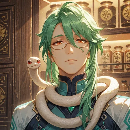 artist:d-rex, baizhu \(genshin impact\), chinese drug store, masterpiece, best quality, amazing quality, very aesthetic, absurdres, newest,
changsheng \(genshin impact\), highres, 1boy, animal, chinese clothes, closed mouth, glasses, green hair, hair between eyes, long hair, looking at viewer, male focus, parted lips, red eyes, simple background, snake, upper body, white snake