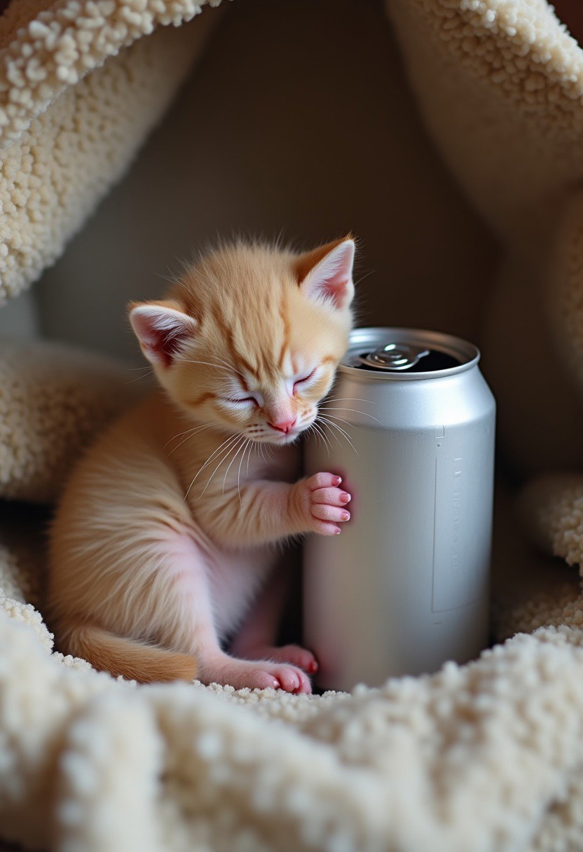 (masterpiece), best quality, expressive eyes, perfect face
In a cozy nook, a 15-day-old kitten, a tiny bundle of fluff, finds solace beside an unexpected companion—a can of soda. The can, a stark contrast to the kitten's soft, downy fur, stands cold and metallic. Yet, in this moment, it becomes a source of warmth as the kitten, with its delicate pink paws and a tail no thicker than a pencil, curls around it. The kitten's eyes, still adjusting to the world's light, squint with contentment. Its gentle purrs vibrate against the can's surface, creating a soft, rhythmic hum. The tab of the can, once poised to be pulled, now serves as a makeshift pillow for the kitten's sleepy head. The scene is a tender tableau of innocence and repose, where the chill of the soda fades beneath the heat of new life, and the world's complexity is reduced to a simple, serene cuddle.