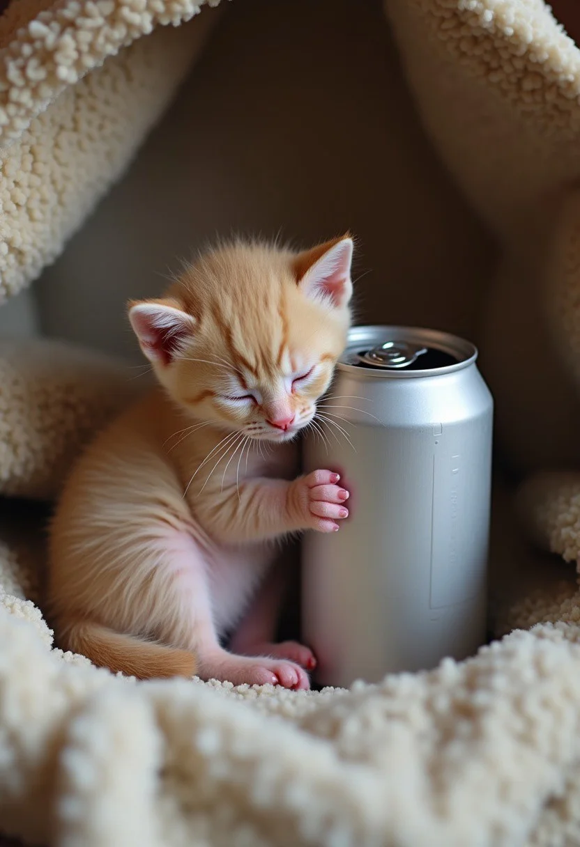 (masterpiece), best quality, expressive eyes, perfect face
In a cozy nook, a 15-day-old kitten, a tiny bundle of fluff, finds solace beside an unexpected companion—a can of soda. The can, a stark contrast to the kitten's soft, downy fur, stands cold and metallic. Yet, in this moment, it becomes a source of warmth as the kitten, with its delicate pink paws and a tail no thicker than a pencil, curls around it. The kitten's eyes, still adjusting to the world's light, squint with contentment. Its gentle purrs vibrate against the can's surface, creating a soft, rhythmic hum. The tab of the can, once poised to be pulled, now serves as a makeshift pillow for the kitten's sleepy head. The scene is a tender tableau of innocence and repose, where the chill of the soda fades beneath the heat of new life, and the world's complexity is reduced to a simple, serene cuddle.