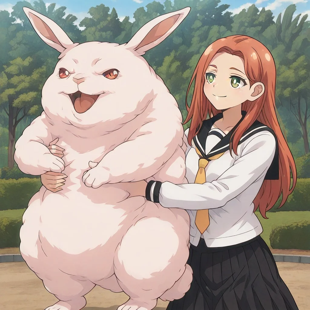 1girl, solo, kyoukolylustea, red hair, parted bangs, long hair, green eyes, white pupils, bright pupils, white shirt, black sailor collar, yellow necktie, black skirt, school, uniform, CWKIV1.0, CWKIV1.0, monster, hug, oversized animal, rabbit, hugging rabbit, hugging pet, oversized rabbit, smile,