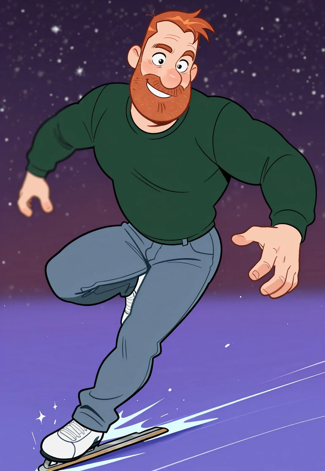 masterpiece, best quality, amazing quality, detailed background, intricate details, dynamic, cinematic, cartoon, anime, cartoon shading, solo, male focus, source_anime,high resolution, newest, depth of field, bara, yaoi, perfect face, 1boy, p3te, ginger hair, black eyes, beard, dark green fitted top, glittery top, sparkly top, trousers, skating, dynamic pose, upper boddy, purple background, abstract background, dutch angle