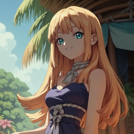 <lora:SlimesRuri:1>, score_9, score_8_up, score_7_up, slimes_ruri, woman, solo, long hair, straight hair, looking at viewer, waist up shot, smiling, tropical beach background