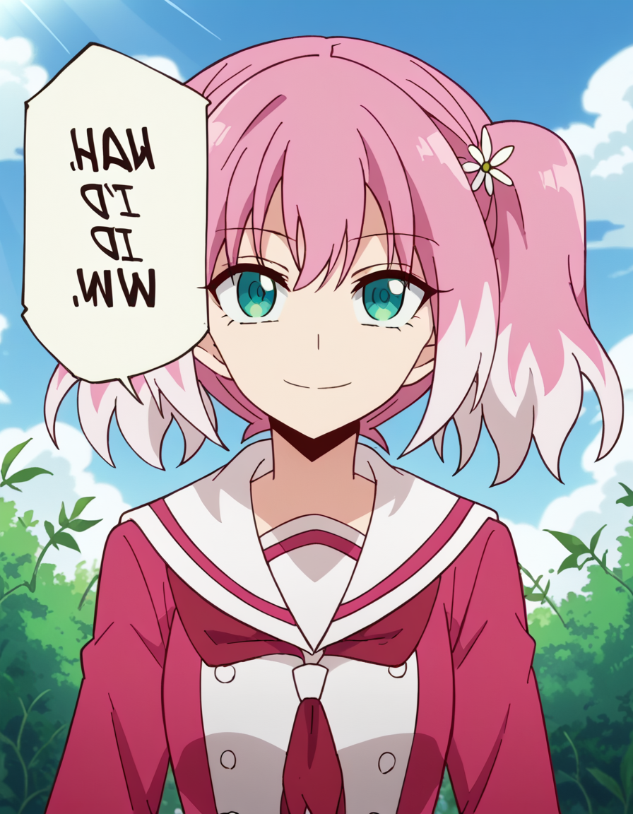 score_9, score_8_up, score_7_up, source_anime, <lora:nana-hiiragi-s1-ponyxl-lora-nochekaiser:1>, nana hiiragi, aqua eyes, twintails, pink hair, flower, white hair, multicolored hair, hair flower, two-tone hair, anime screencap, dress, school uniform, sailor dress, red neckerchief, white sailor collar,, conservatory, plants, glass roof, sunlight, greenery, smile, <lora:nah-id-win-ponyxl-lora-nochekaiser:1> nah id win, nah i'd win (meme), english text, speech bubble, meme, talking, straight-on, portrait,, looking at viewer, solo,, dutch angle, cowboy shot