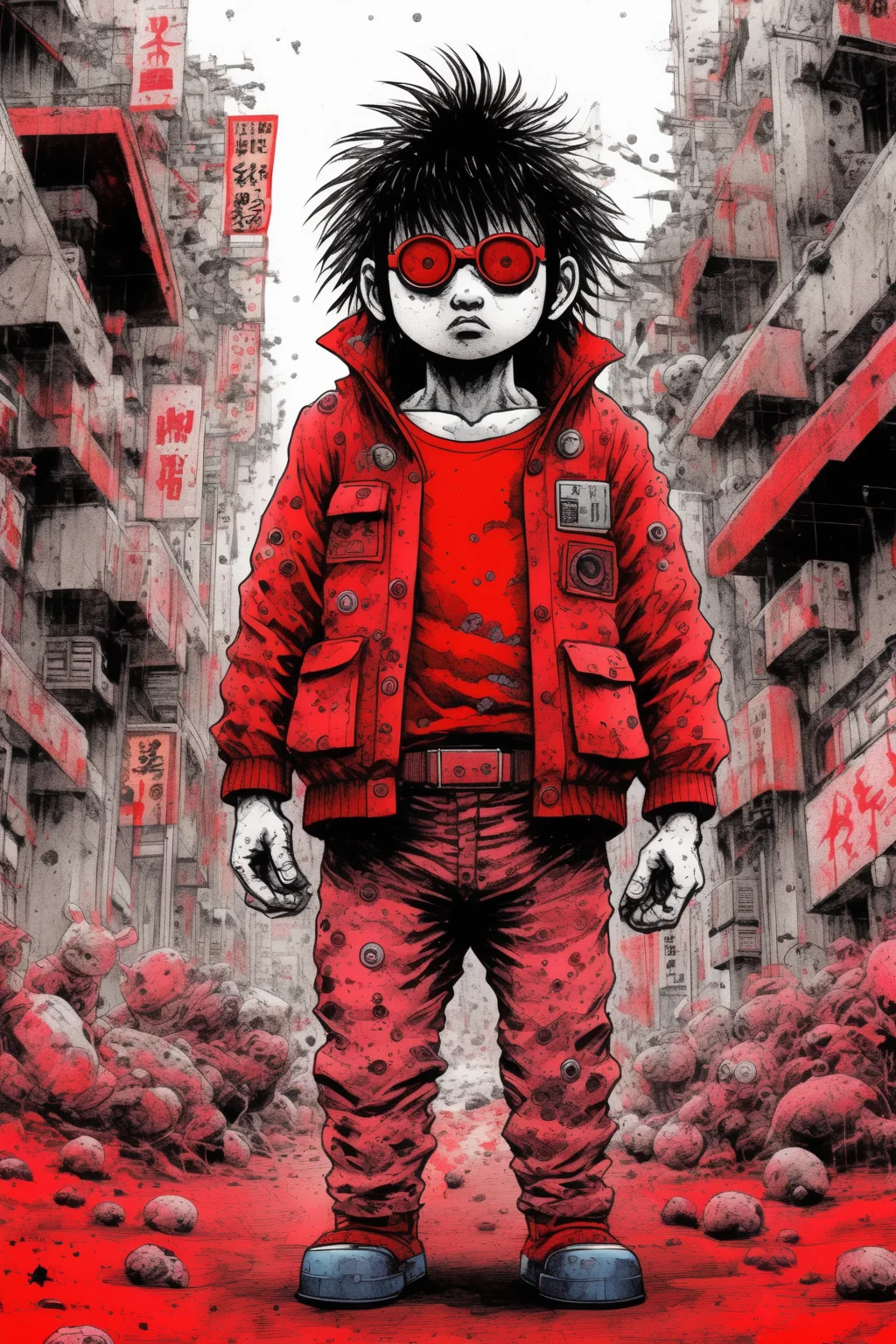 <lora:Liam Wong Style:1>Liam Wong Style - In hitsuhiro ottomo akira style, wide angle camera, chaos, 8k, comic style ink work red accent colors