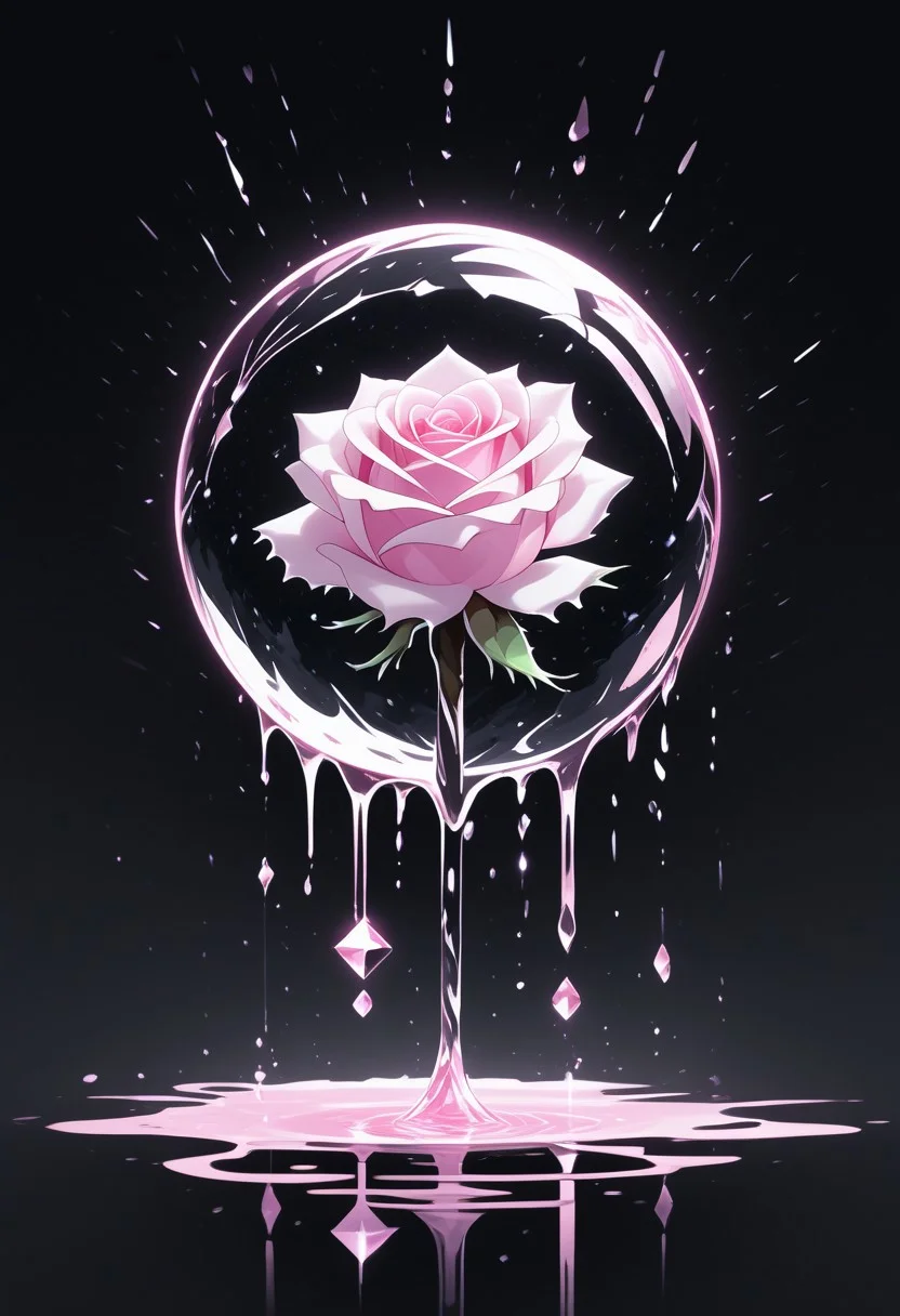 (masterpiece), best quality, Anime, Illustration, (Floating Sphere, Crystal, Magic, Reflection, Melting, Dripping, Pink Rose), Black Background, No Humans, Starry Theme, (Light Refraction), White and Pink Theme, Natural Lighting, Verynsty