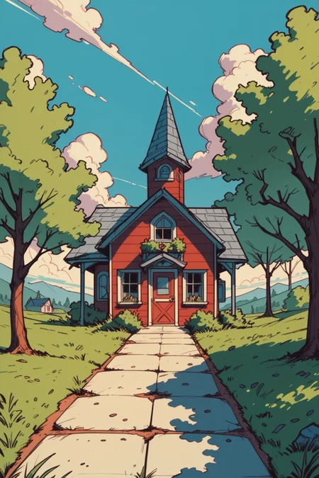 no humans, scenery, outdoors, tree, nature, forest, house, window, sky, door, grass, bush, building, plant, path, road, reflection, day, a_Comic_Illustration, rough lines with ink, (drawn:1.1), (sketch:1.5), (crosshatching:1.25), (comic style:1.1), graphic novel style, sharp lines, hires, zstyle, (western comics \(style\):1.1), (hatching \(texture\):1.2), zPDXL, Mr_Monster_Possitive, <lora:Expressive_H:0.5>, score_9, score_8_up, score_8_up,