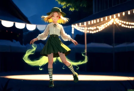 soft light, perfect anatomy , sharp focus, ((Depth of field)) deep depth, (Ultra detailed), best quality, intricate lighting, (absurd resolution), high resolution, intricate details, volumetric lighting, green hat, yellow hair, flowing detailed hair, innocent eyes, white panty hose, green skirt, green shoulder straps , white thick inner shirt, green striped socks, green shoes, small hat, twin tail hair, natural cloths, wild like girl, Fun Spirit, Fine Details, ,Fun Spirit, Fine Details,, s4ish0,, curious excitement , (white center tones), (green inner tones), (festival)